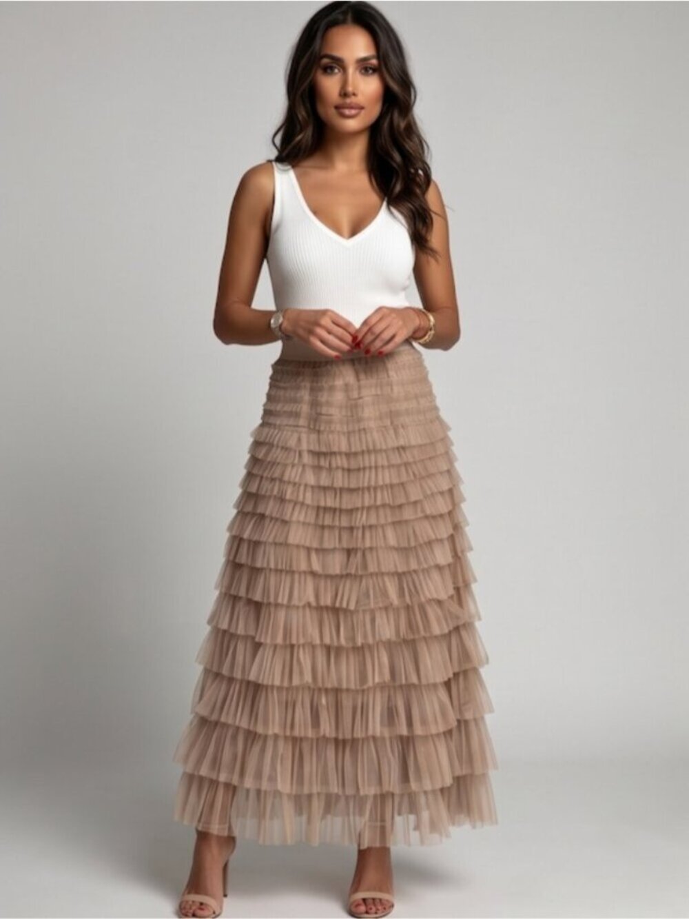 Beige Tulle Tiered Ruffle Maxi Skirt High Waist Elastic Band Boho Chic
